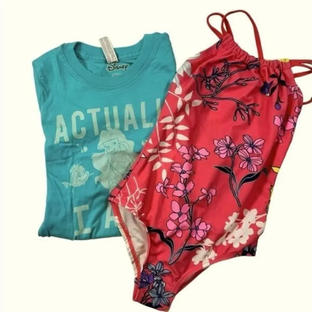 NWT KANU SURF Girls Pink Floral One Piece Swimsuit & Disney Mermaid Tee- Size 6X